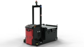Vehículo de transporte sin conductor I-MATIC CT core de Linde MH con una plataforma de transporte para la carga y descarga automáticas
