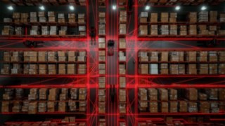 Vista de un almacén con vehículos automatizados