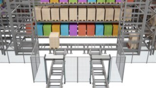 Las cintas transportadoras del S-MATIC cube transportan las mercancías a almacenar hasta los elevadores. Las mercancías a almacenar se colocan en cintas transportadoras.