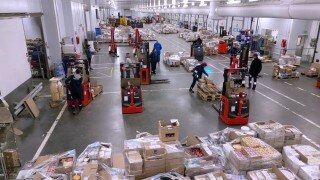 Vehículos y empleados en un almacén frigorífico. 